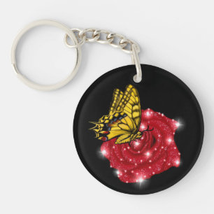 Porte-clés Papillon sur rose rouge avec étoiles et gouttes de