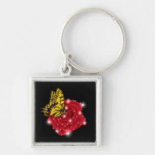 Porte-clés Papillon sur rose rouge avec étoiles et gouttes de