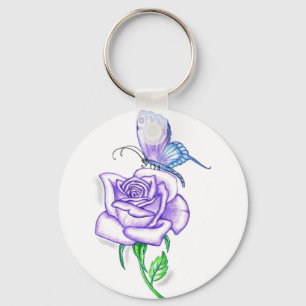 Porte-clés Papillon violet avec Rose