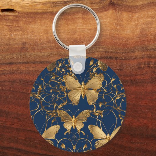 Porte-clés Papillons bleus métalliques avec Vins d'or (Verso)