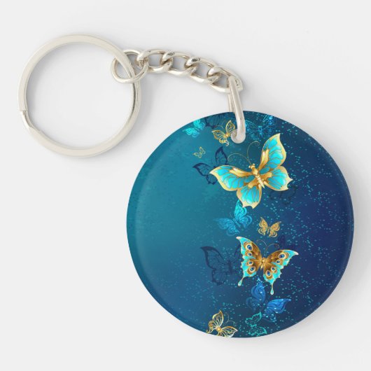 Porte-clés Papillons dorés sur fond bleu (Devant)