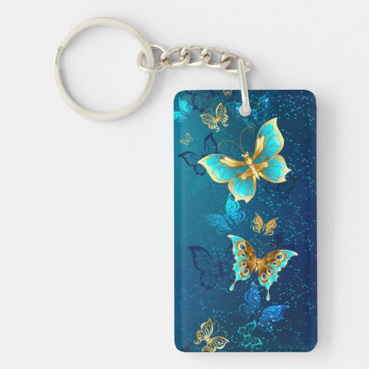 Porte-clés Papillons dorés sur fond bleu (Devant)
