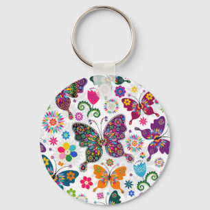 Porte-clés Papillons et fleurs colorés rétro Motif