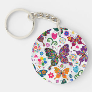 Porte-clés Papillons et fleurs colorés rétro Motif