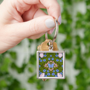 Porte-clés Papillons et symétrie des fleurs, bleu et rose