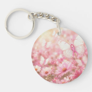 Porte-clés Papillons Ruban Rose dans un Jardin