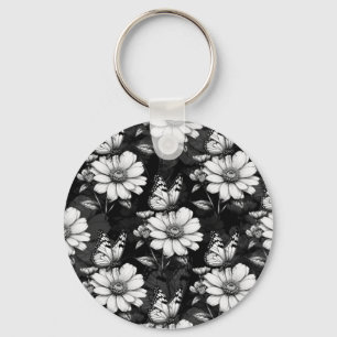 Porte-clés Papillons sur fond noir motif de fleurs design
