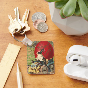 Porte-clés Pâques drôle vintage, Lapin oeuf automobile