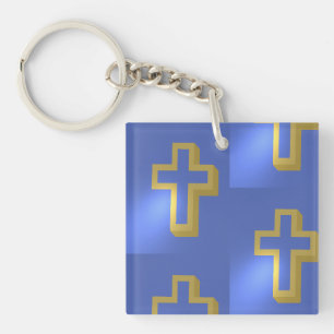 Porte-clés Pâques or chrétien Croix religieuse Motif bleu