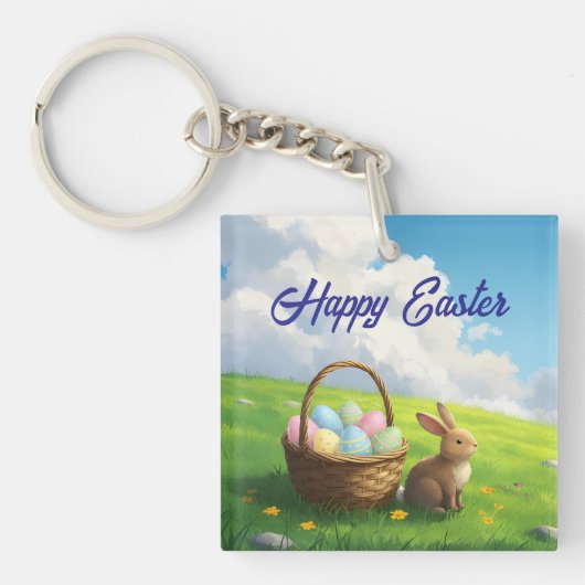 Porte-clés Pâques paisible - Lapin de printemps dans un pré a (Devant)