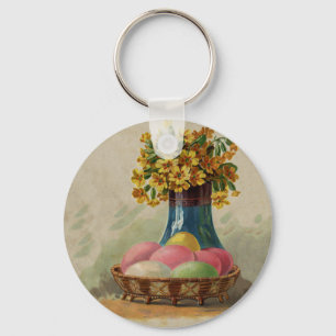 Porte-clés Pâques Panier Œufs Fleurs Antique