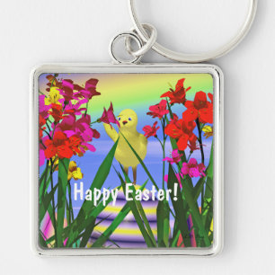 Porte-clés Pâques poulet et fleurs