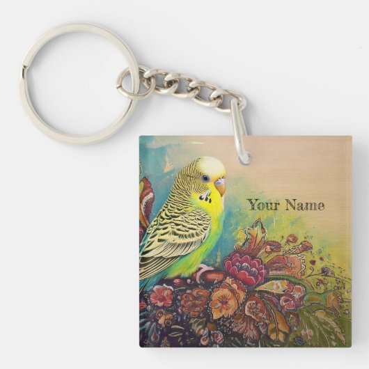 Porte-clés Parakeet aux fleurs d'art populaire (Devant)