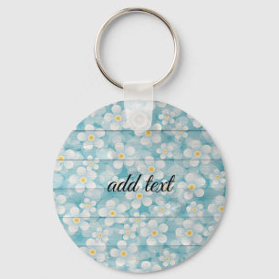 Porte-clés Parfait Happy Blue Wood Texture avec Fleur