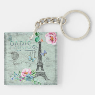 Porte-clés Paris-Eiffel Tour-Fleur-Floral-Vintage-Rose