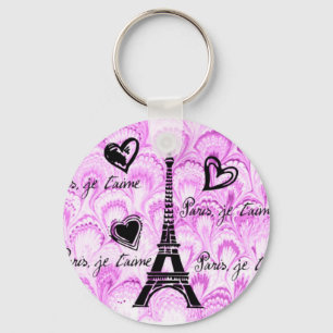Porte-clés Paris, t'aime de je dans l'aquarelle rose