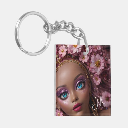 Porte-clés Parties scintillant à poupée mousseuse et fleurs (Devant gauche)