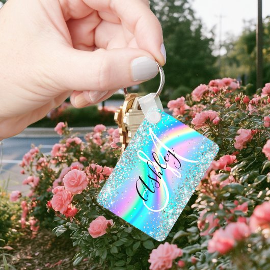 Porte-clés Parties scintillant Argent Rainbow Wave Aqua Ombre