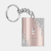 Porte-clés Parties scintillant argent Rose Monogramme  Cupcak (Devant gauche)