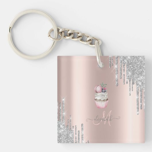 Porte-clés Parties scintillant argent Rose Monogramme  Cupcak (Devant)