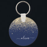 Porte-clés Parties scintillant Bleu de la Marine d'or Script<br><div class="desc">Parties scintillant bleu marine et or étincelle Script Monogramme Nom Clés (Porte - clé). Cela rend le cadeau parfait pour 16 ans,  mariage,  douche nuptiale,  anniversaire,  baby shower ou bachelorette pour quelqu'un qui aime le luxe glam et les styles chic.</div>