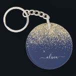 Porte-clés Parties scintillant Bleu de la Marine d'or Script<br><div class="desc">Parties scintillant de l'or et de la marine Blue Sparkle Script Monogramme Nom Porte - clé. Cela rend le cadeau parfait pour 16 ans,  mariage,  douche nuptiale,  anniversaire,  baby shower ou bachelorette pour quelqu'un qui aime le luxe glam et les styles chic.</div>