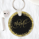 Porte-clés Parties scintillant d'or Monogramme Nom Noir Glamo<br><div class="desc">Personnalisez facilement cette parties scintillant dorée de luxe encadrée porte - clé avec votre nom personnalisé et monogramme.</div>