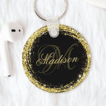 Porte-clés Parties scintillant d'or personnalisée Glam noir<br><div class="desc">Personnalisez facilement cette parties scintillant dorée de luxe encadrée porte - clé avec votre nom personnalisé et monogramme.</div>