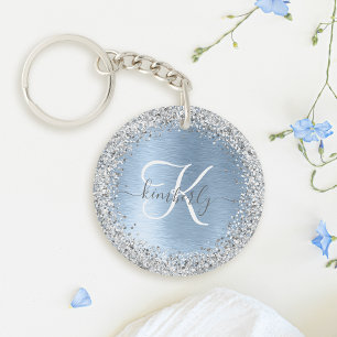 Porte-clés Parties scintillant en argent brossé bleu Nom du m