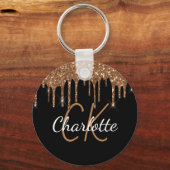 Porte-clés Parties scintillant en or noir goutte nom monogram (Recto)