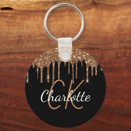 Porte-clés Parties scintillant en or noir goutte nom monogram (Recto)