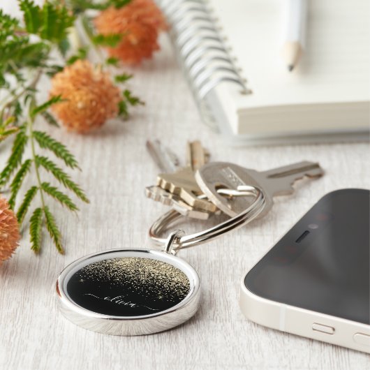 Porte-clés Parties scintillant Noir Or Script Monogramme Nom  (Côté)