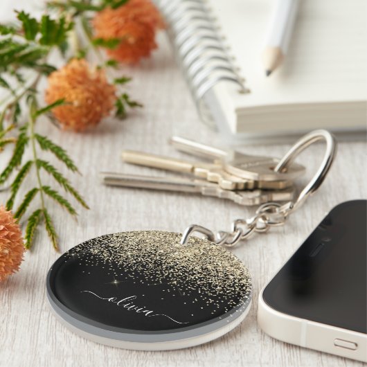 Porte-clés Parties scintillant Noir Or Script Monogramme Nom (Devant Droit)