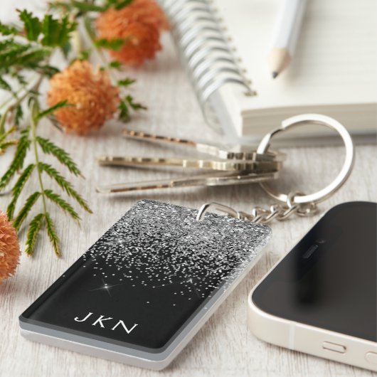 Porte-clés Parties scintillant noire argent Monogramme Nom de (Devant droit)