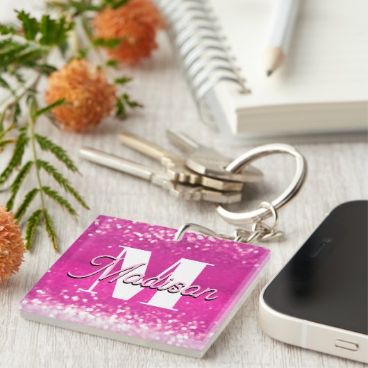 Porte-clés Parties scintillant rose chaud Bokeh Monogramme (Devant Droit)