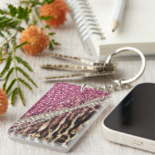 Porte-clés Parties scintillant rose Empreinte de léopard chic (Devant droit)