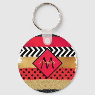 Porte-clés Parties scintillant rouge Noir Brush Stroke Monogr