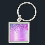Porte-clés Parties scintillant violet Glam Nom du monogramme<br><div class="desc">Purple Faux Foil Métallic Sparkle Parties scintillant brossé Métal Monogramme Nom Clés (Porte - clé). Cela rend le cadeau parfait pour 16 ans,  mariage,  douche nuptiale,  anniversaire,  baby shower ou bachelorette pour quelqu'un qui aime le luxe glam et les styles chic.</div>