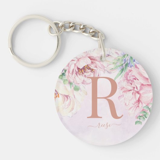 Porte-clés Pastel Aquarelle Florale Monogramme Photo (Devant)