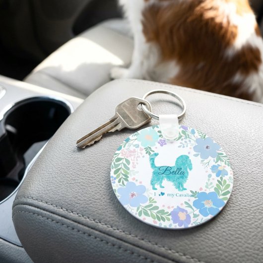 Porte-clés Pastel Blue Cavalier King Charles Spaniel Floral