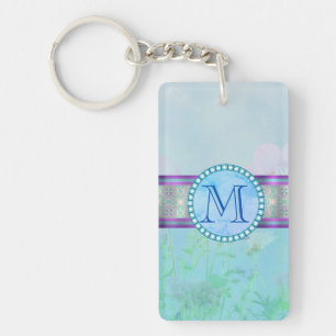 Porte-clés Pastel Blue Floral Monogramme