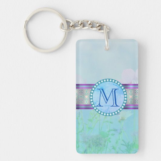 Porte-clés Pastel Blue Floral Monogramme (Devant)