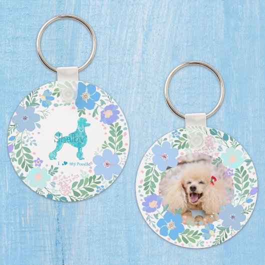 Porte-clés Pastel Blue Poodle Custom Floral Name & Photo