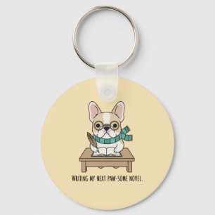 Porte-clés Pastel Frenchie Écrivant un Roman Lunettes Chien D
