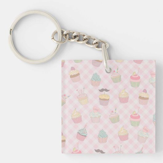 Porte-clés Pastel Pink Gingham Cute Cupcakes Pattern (Devant)