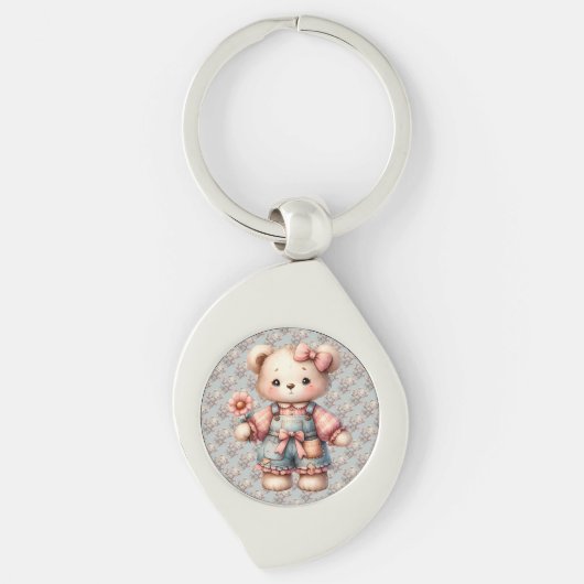 Porte-clés Pastel Teddy Bear Holding Flower Wear Overalls (Devant)