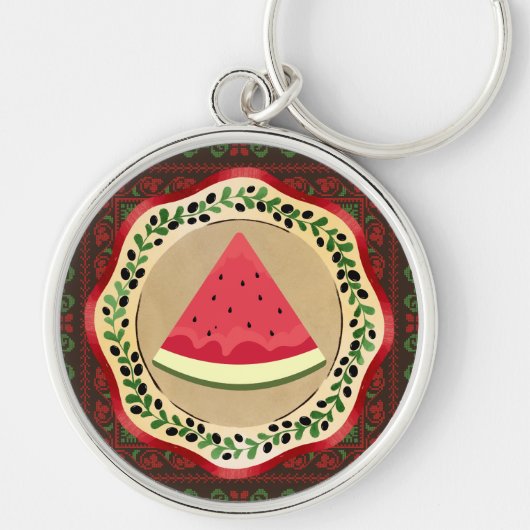 Porte-clés pastèque sur plaque d'olive avec tatreez palestini (Devant)