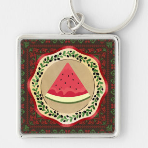 Porte-clés pastèque sur plaque d'olive avec tatreez palestini