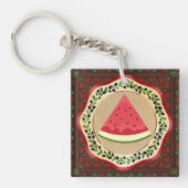 Porte-clés pastèque sur plaque d'olive avec tatreez palestini (Devant)
