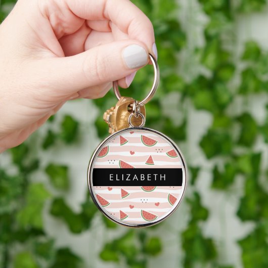 Porte-clés Pastèques Rouges, Coeurs, Bandes, Votre Nom (Main)